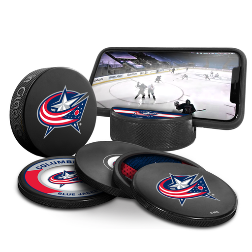 NHL Columbus Blue Jackets Ultimate Fan 3-Pack. Includes: 1 NHL Official Classic Souvenir Hockey Puck / 4 Coasters / 1 Media Device Holder