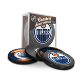 NHL Edmonton Oilers Ultimate Fan 3-Pack. Includes: 1 NHL Official Classic Souvenir Hockey Puck / 4 Coasters / 1 Media Device Holder