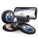 NHL Edmonton Oilers Ultimate Fan 3-Pack. Includes: 1 NHL Official Classic Souvenir Hockey Puck / 4 Coasters / 1 Media Device Holder