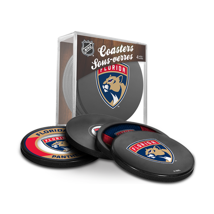 Coffret de 3 souvenirs de la LNH pour les Panthers de la Floride. Comprend : 1 rondelle de hockey classique officielle de la LNH, 4 sous-verres et 1 support pour appareil multimédia.