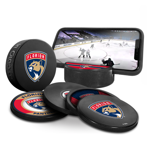 NHL Florida Panthers Ultimate Fan 3-Pack. Includes: 1 NHL Official Classic Souvenir Hockey Puck / 4 Coasters / 1 Media Device Holder