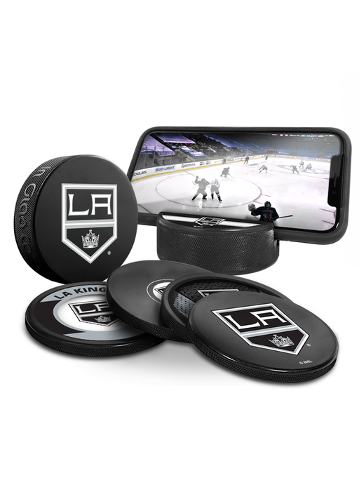 NHL Los Angeles Kings Ultimate Fan 3-Pack. Includes: 1 NHL Official Classic Souvenir Hockey Puck / 4 Coasters / 1 Media Device Holder
