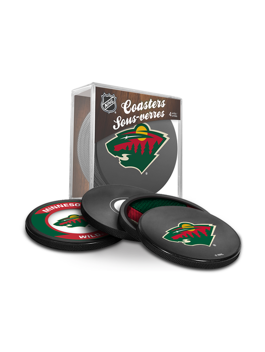 NHL Minnesota Wild Ultimate Fan 3-Pack. Includes: 1 NHL Official Classic Souvenir Hockey Puck / 4 Coasters / 1 Media Device Holder