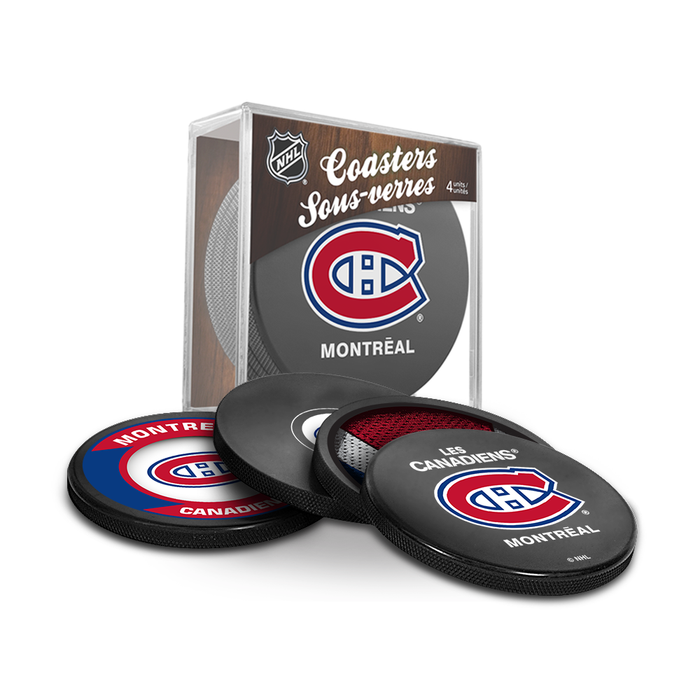 NHL Montreal Canadiens Ultimate Fan 3-Pack. Includes: 1 NHL Official Classic Souvenir Hockey Puck / 4 Coasters / 1 Media Device Holder