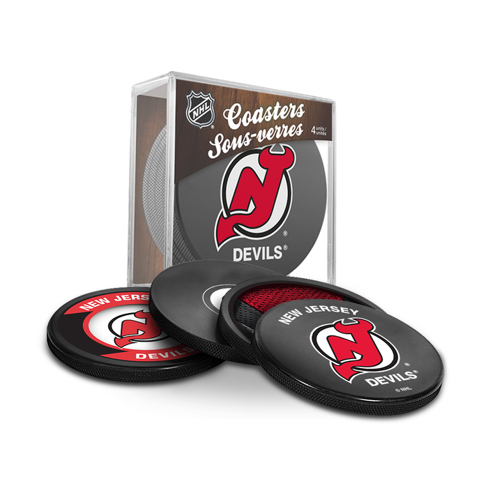 NHL New Jersey Devils Ultimate Fan 3-Pack. Includes: 1 NHL Official Classic Souvenir Hockey Puck / 4 Coasters / 1 Media Device Holder