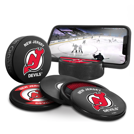 NHL New Jersey Devils Ultimate Fan 3-Pack. Includes: 1 NHL Official Classic Souvenir Hockey Puck / 4 Coasters / 1 Media Device Holder