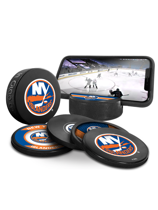 NHL New York Islanders Ultimate Fan 3-Pack. Includes: 1 NHL Official Classic Souvenir Hockey Puck / 4 Coasters / 1 Media Device Holder