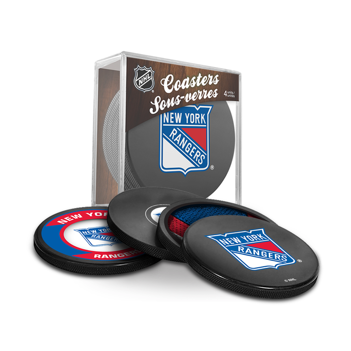 Coffret de 3 souvenirs de la LNH des Rangers de New York. Comprend : 1 rondelle de hockey classique officielle de la LNH, 4 sous-verres et 1 support pour appareil multimédia.