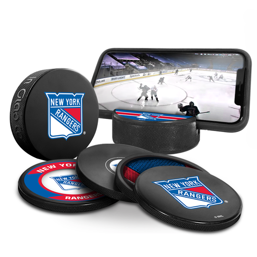 NHL New York Rangers Ultimate Fan 3-Pack. Includes: 1 NHL Official Classic Souvenir Hockey Puck / 4 Coasters / 1 Media Device Holder