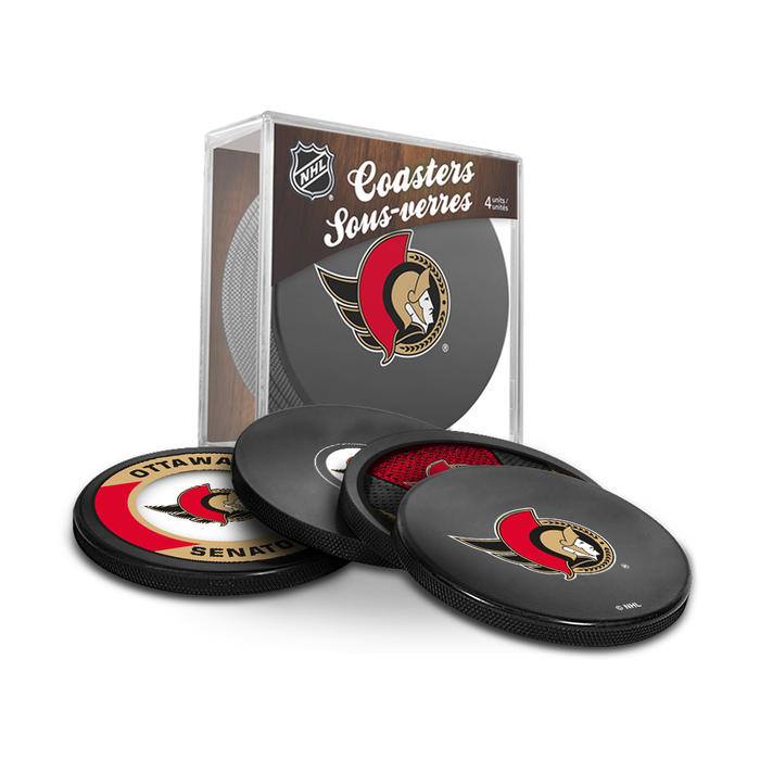 NHL Ottawa Senators Ultimate Fan 3-Pack. Includes: 1 NHL Official Classic Souvenir Hockey Puck / 4 Coasters / 1 Media Device Holder
