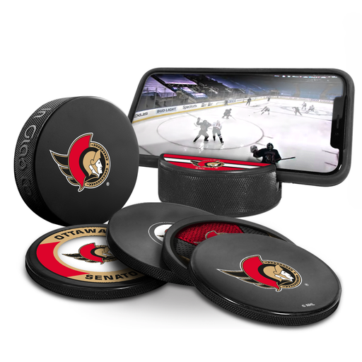 NHL Ottawa Senators Ultimate Fan 3-Pack. Includes: 1 NHL Official Classic Souvenir Hockey Puck / 4 Coasters / 1 Media Device Holder