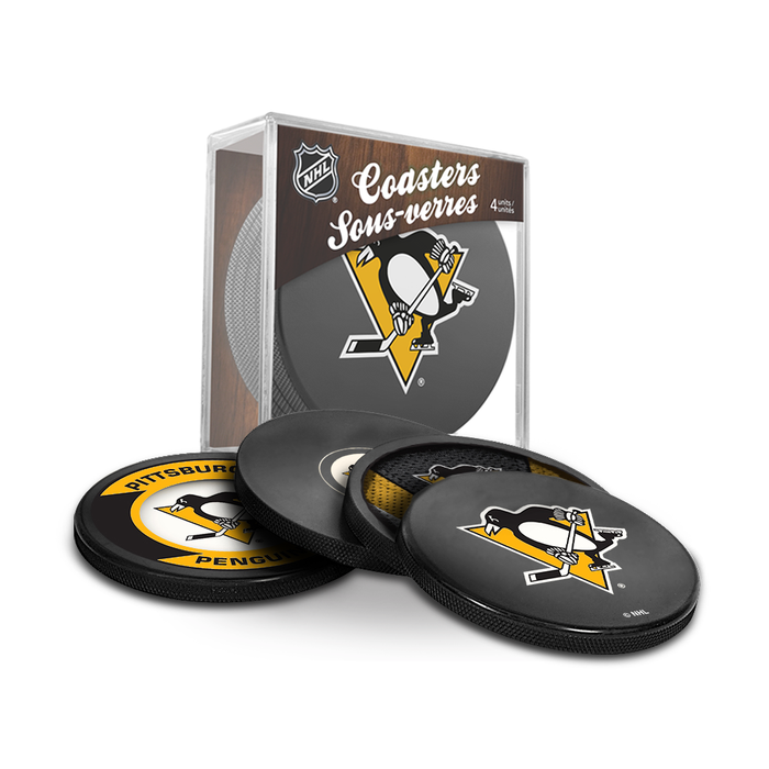 NHL Pittsburgh Penguins Ultimate Fan 3-Pack. Includes: 1 NHL Official Classic Souvenir Hockey Puck / 4 Coasters / 1 Media Device Holder