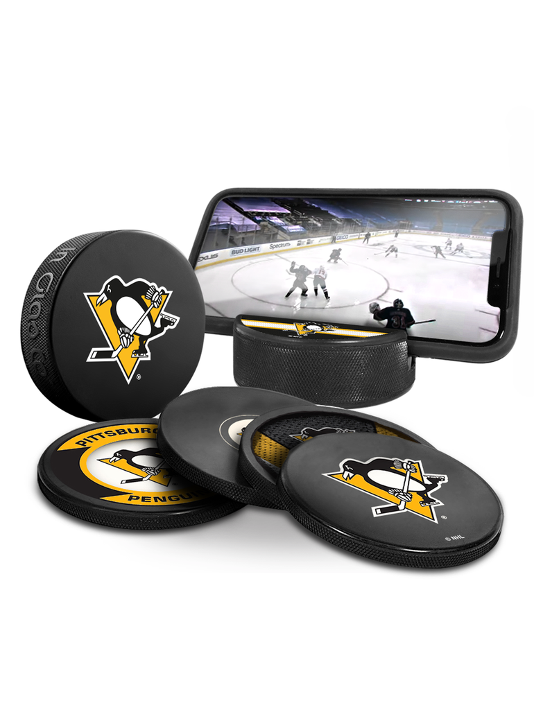 NHL Pittsburgh Penguins Ultimate Fan 3-Pack. Includes: 1 NHL Official Classic Souvenir Hockey Puck / 4 Coasters / 1 Media Device Holder