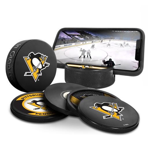 NHL Pittsburgh Penguins Ultimate Fan 3-Pack. Includes: 1 NHL Official Classic Souvenir Hockey Puck / 4 Coasters / 1 Media Device Holder