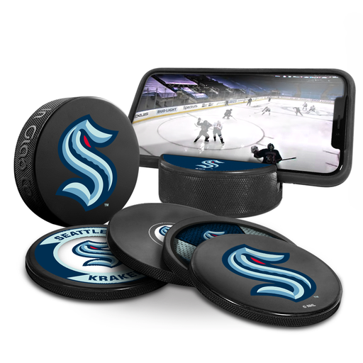 NHL Seattle Kraken Ultimate Fan 3-Pack. Includes: 1 NHL Official Classic Souvenir Hockey Puck / 4 Coasters / 1 Media Device Holder