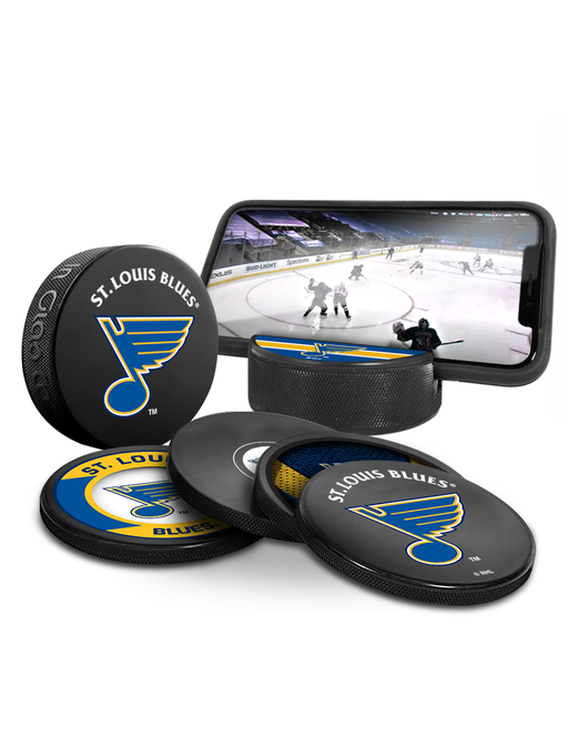 NHL St. Louis Blues Ultimate Fan 3-Pack. Includes: 1 NHL Official Classic Souvenir Hockey Puck / 4 Coasters / 1 Media Device Holder