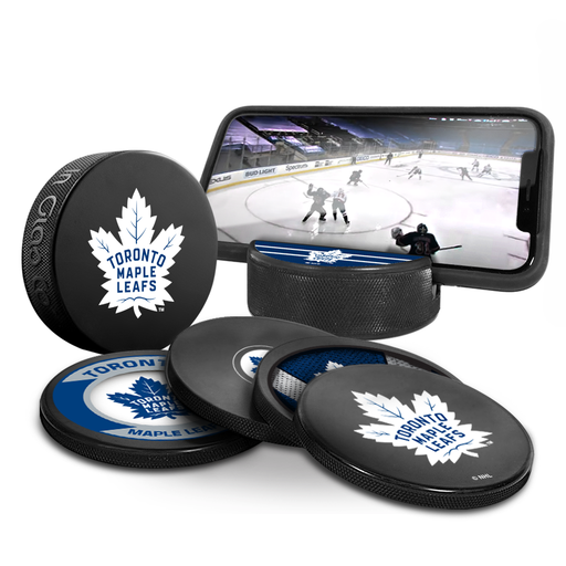 NHL Toronto Maple Leafs Ultimate Fan 3-Pack. Includes: 1 NHL Official Classic Souvenir Hockey Puck / 4 Coasters / 1 Media Device Holder