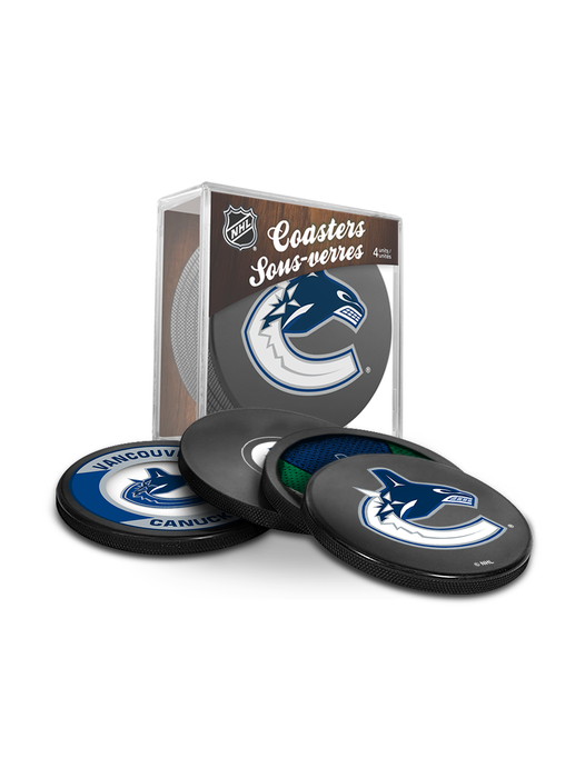 Coffret de 3 souvenirs de la LNH pour les fans des Canucks de Vancouver. Comprend : 1 rondelle de hockey classique officielle de la LNH, 4 sous-verres et 1 support pour appareil multimédia.