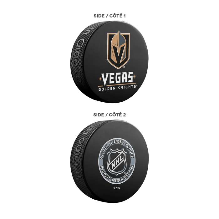 NHL Vegas Golden Knights Ultimate Fan 3-Pack. Includes: 1 NHL Official Classic Souvenir Hockey Puck / 4 Coasters / 1 Media Device Holder