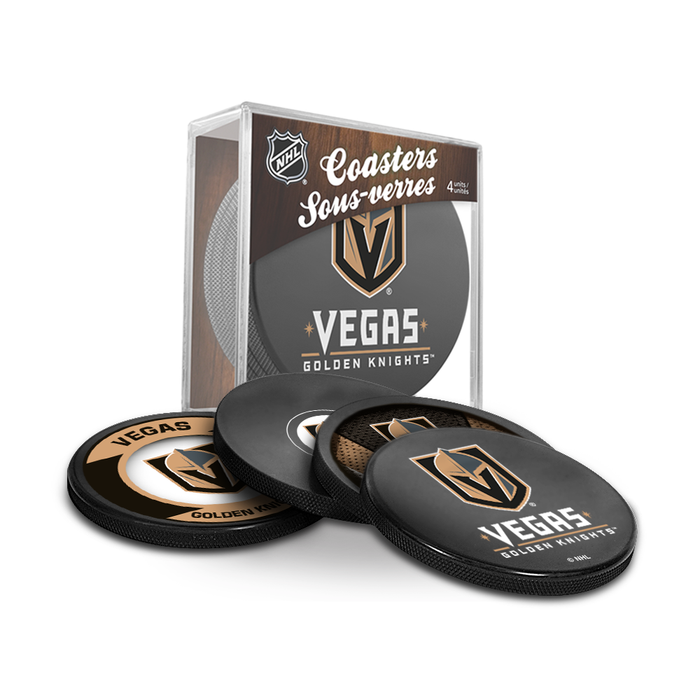 NHL Vegas Golden Knights Ultimate Fan 3-Pack. Includes: 1 NHL Official Classic Souvenir Hockey Puck / 4 Coasters / 1 Media Device Holder