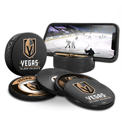 NHL Vegas Golden Knights Ultimate Fan 3-Pack. Includes: 1 NHL Official Classic Souvenir Hockey Puck / 4 Coasters / 1 Media Device Holder