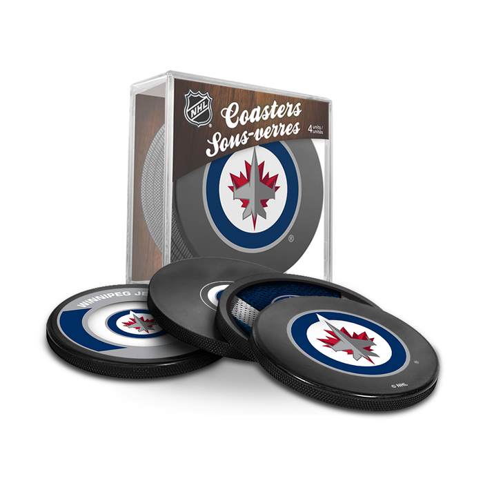 NHL Winnipeg Jets Ultimate Fan 3-Pack. Includes: 1 NHL Official Classic Souvenir Hockey Puck / 4 Coasters / 1 Media Device Holder