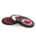 Four Hockey Canada 2026 Team Canada Equipe Canada puck-style coasters fanned out showing red and white maple leaf designs