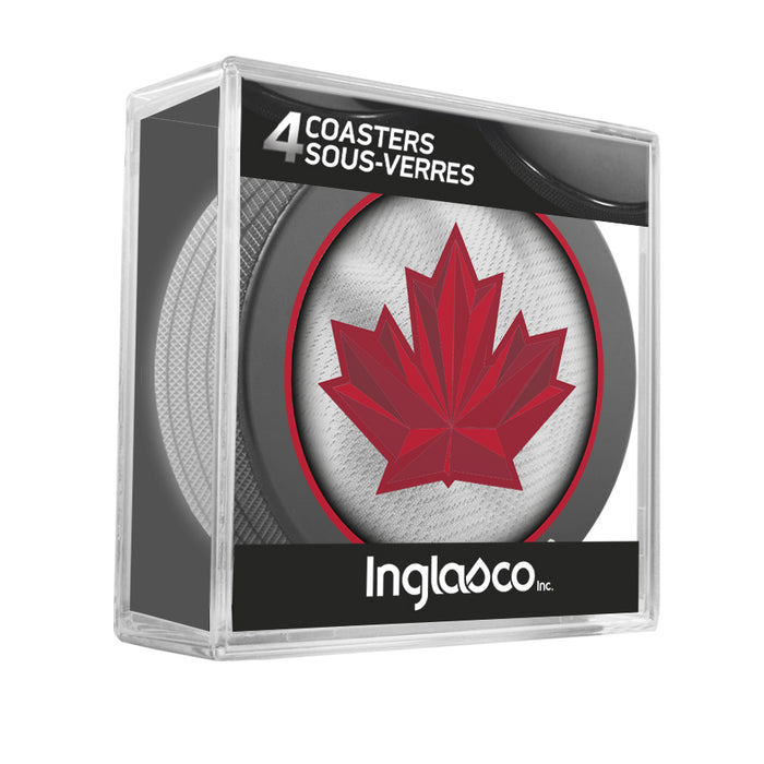 Hockey Canada 2026 four-piece puck coaster set in clear acrylic cube package with red maple leaf jersey graphics