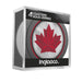 Hockey Canada 2026 four-piece puck coaster set in clear acrylic cube package with red maple leaf jersey graphics