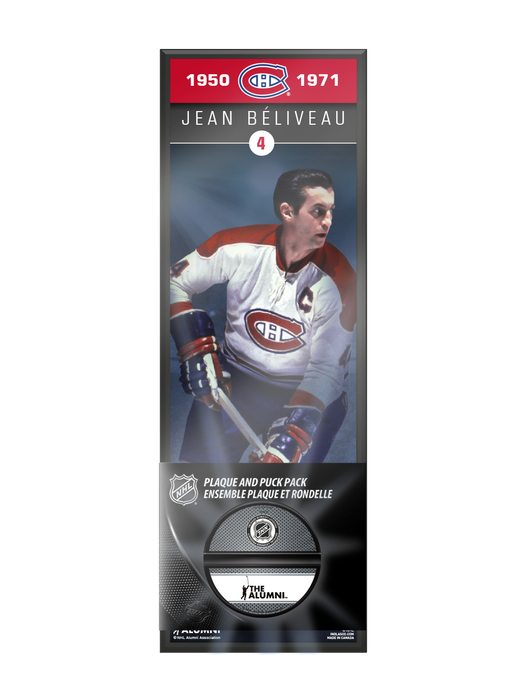 Ensemble de plaque décorative et de support de rondelle de hockey des Canadiens de Montréal, ancien joueur de la LNHA, Jean Béliveau