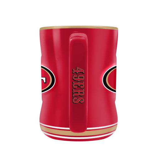 NFL San Francisco 49ers red sculpted mug back view with raised black 49ERS wordmark on handle and dual SF oval logos