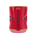 NFL San Francisco 49ers red sculpted mug back view with raised black 49ERS wordmark on handle and dual SF oval logos