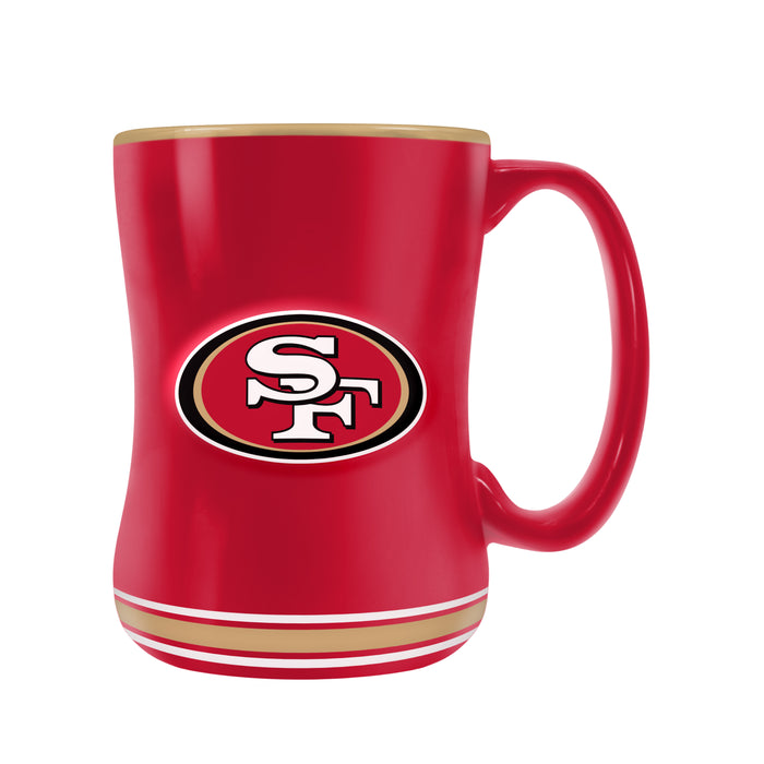 NFL San Francisco 49ers red sculpted ceramic mug front view with embossed SF oval logo and gold-white striped base