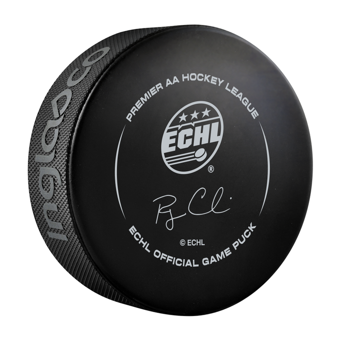 Back of Savannah Ghost Pirates ECHL official game puck with Premier AA Hockey League text, ECHL star logo and commissioner signature
