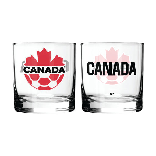 Canada Soccer 2-pack 10 oz rocks glasses with red Canada crest decal on each tumbler