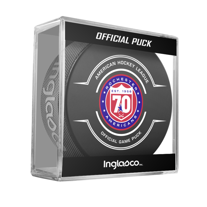 AHL Rochester Americans 2025-26 Official Game Hockey Puck In Cube