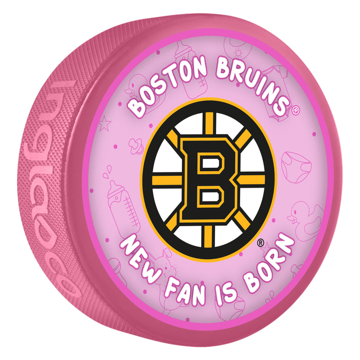 NHL Boston Bruins New Fan is Born Pink Souvenir Puck