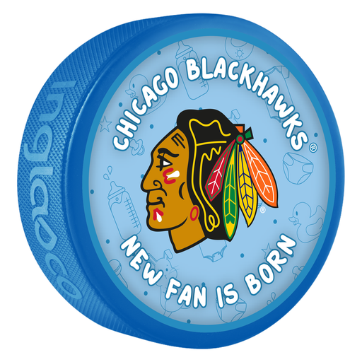 NHL Chicago Blackhawks New Fan Is Born blue souvenir hockey puck with team Indian head logo on baby-themed background
