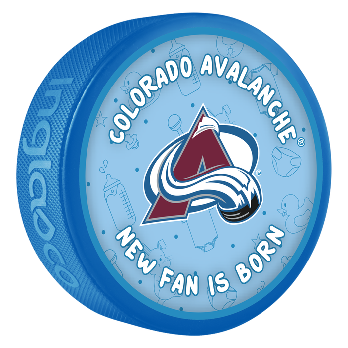 NHL Colorado Avalanche New Fan Is Born blue souvenir hockey puck with team avalanche A logo on baby-themed background