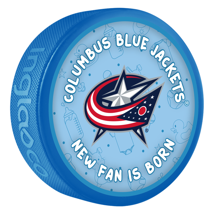 NHL Columbus Blue Jackets New Fan Is Born blue souvenir hockey puck with star and stripes cannon logo on baby-themed background