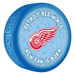 NHL Detroit Red Wings New Fan Is Born blue souvenir hockey puck with red winged wheel logo on baby-themed background