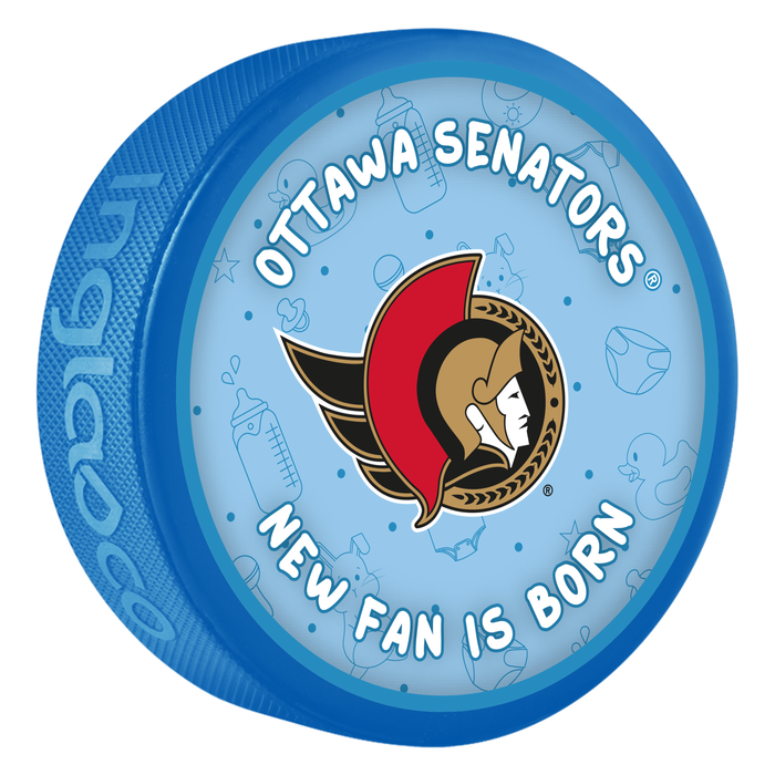NHL Ottawa Senators blue New Fan is Born souvenir puck with team logo and baby items pattern