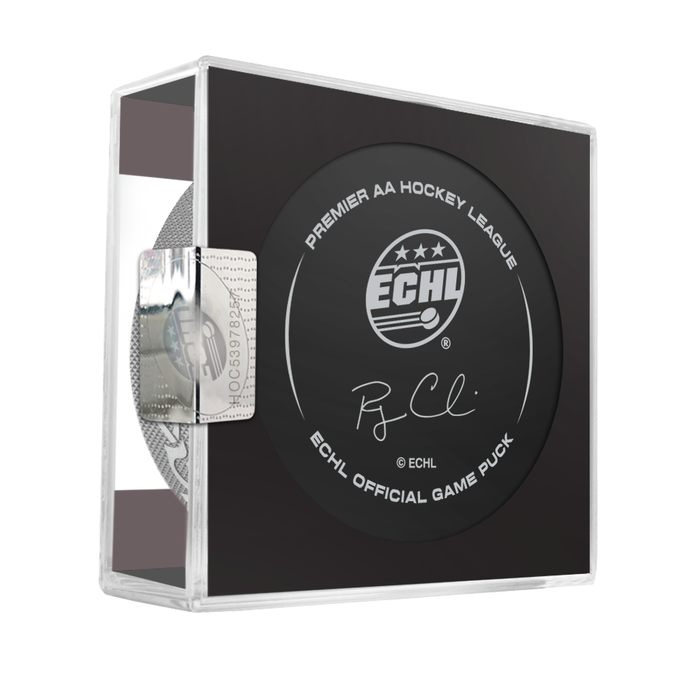 Wheeling Nailers official ECHL game puck displayed in clear acrylic cube showing back side with ECHL Premier AA Hockey League branding