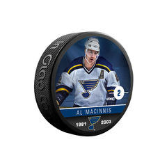 Rondelle de hockey de collection NHLAA Alumni Al MacInnis St. Louis Blues Souvenir