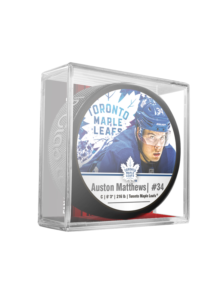 <transcy>NHLPA Auston Matthews # 34 Rondelle de hockey souvenir des Maple Leafs de Toronto dans un cube</transcy>