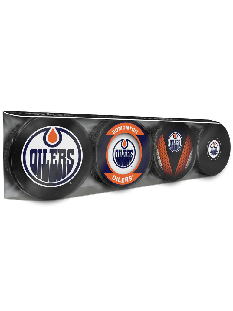 <transcy>Lot de 4 rondelles de hockey souvenir des Oilers d'Edmonton de la LNH</transcy>