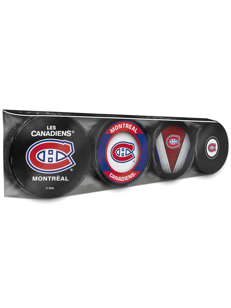 <transcy>Paquet de 4 rondelles de hockey souvenir des Canadiens de Montréal de la LNH</transcy>
