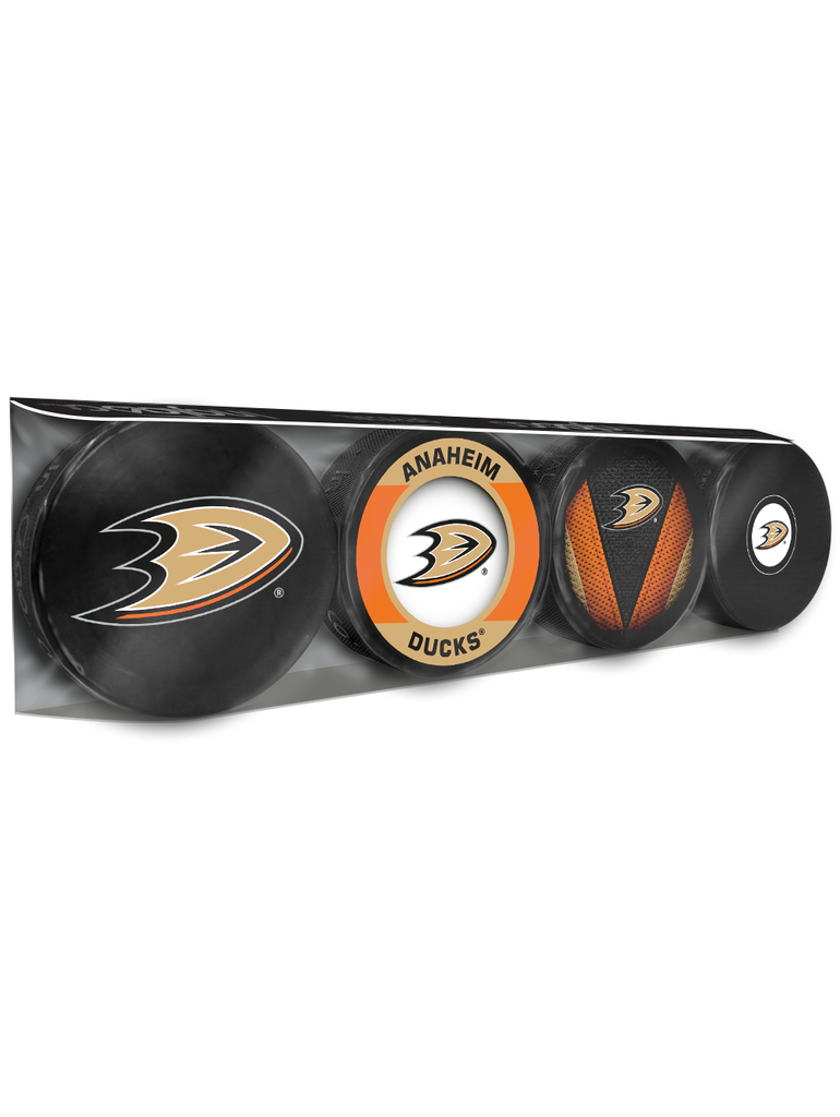 <transcy>Paquet de 4 rondelles de hockey souvenir des Ducks d'Anaheim de la LNH</transcy>