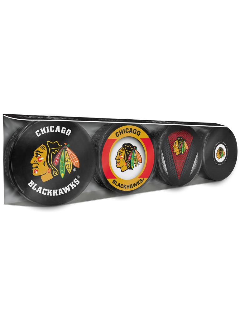 <transcy>Paquet de 4 rondelles de hockey souvenir des Blackhawks de Chicago de la LNH</transcy>