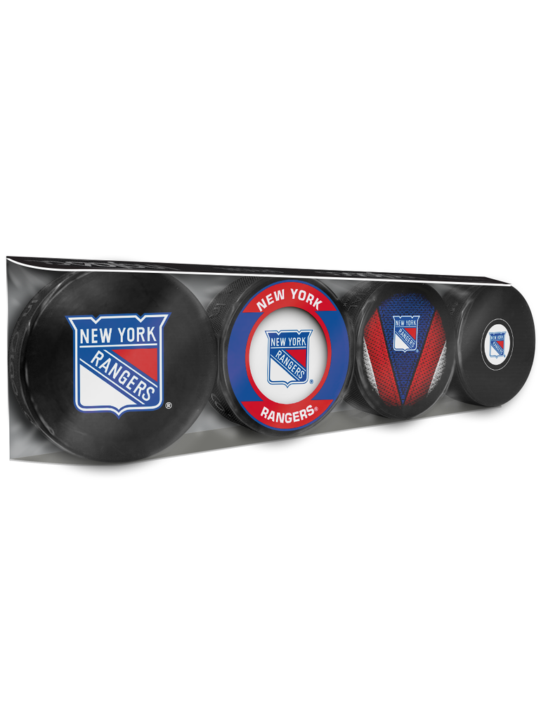 <transcy>Paquet de 4 rondelles de hockey souvenir des Rangers de New York de la LNH</transcy>